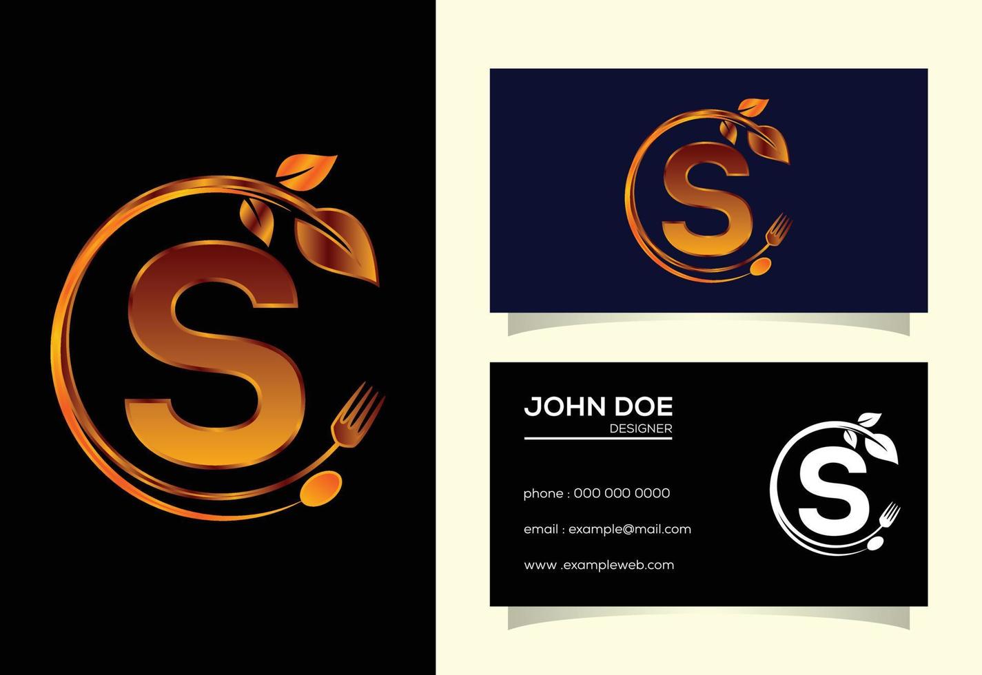 Initial S monogram alphabet with a fork, spoon, and leaf. Healthy natural food logo. Logo for cafe vector