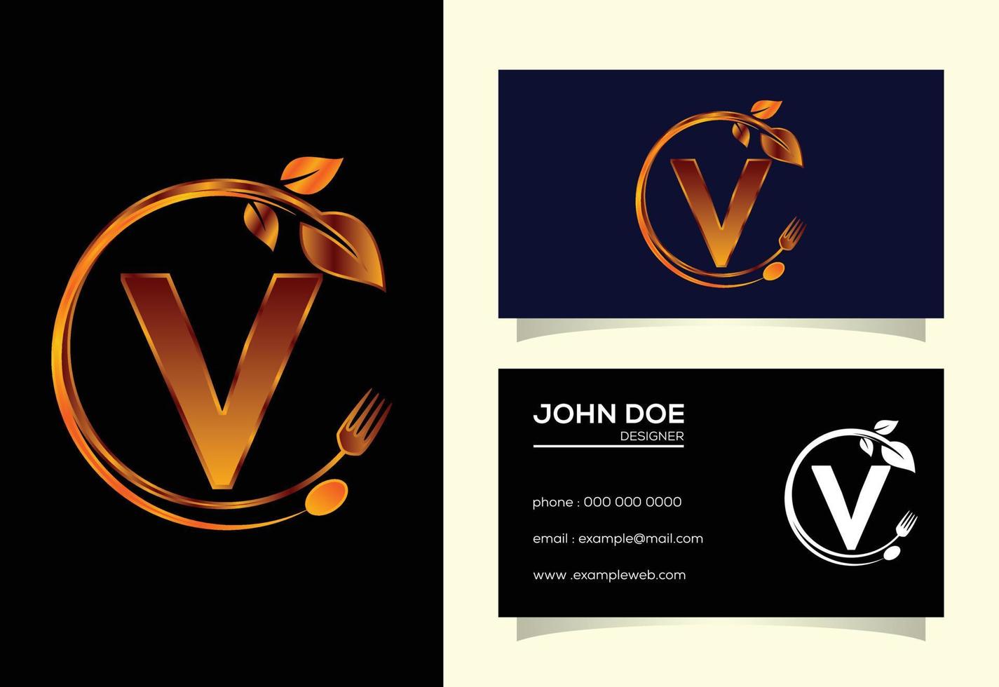 Initial V monogram alphabet with a fork, spoon, and leaf. Healthy natural food logo. Logo for cafe vector