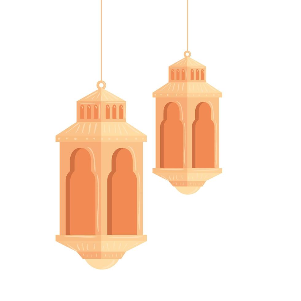ramadan kareem lanterns hanging, golden lanterns hanging on white background vector