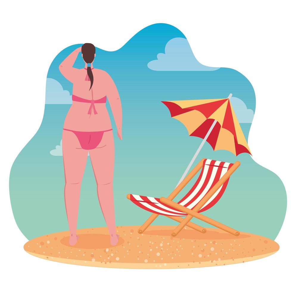 cute plump woman of back using swimsuit, with beach chair and umbrella, in the beach vector