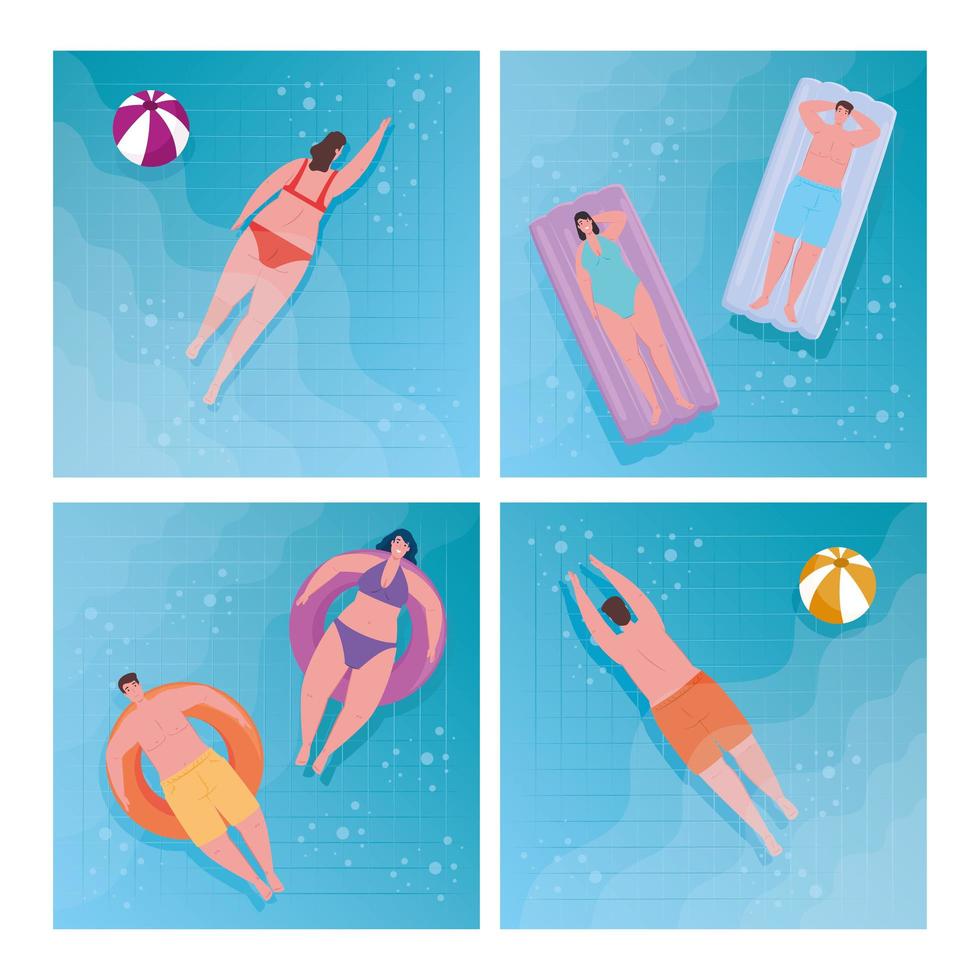 group young people using swimsuit in the lying inflatable float on pool, summer vacation season vector