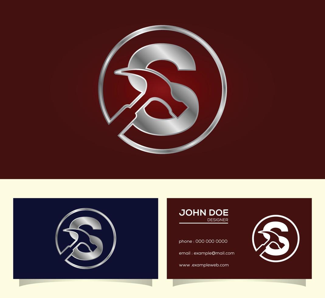 Initial S monogram letter alphabet with a Hammer. Repair, renovation, and construction logo. vector