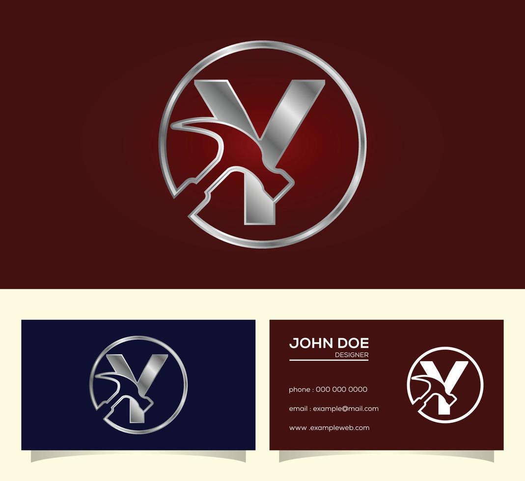 Initial Y monogram letter alphabet with a Hammer. Repair, renovation, and construction logo. vector