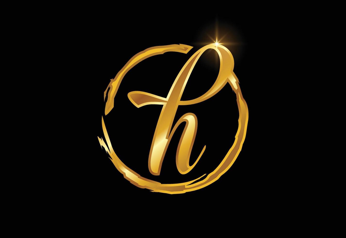 Golden color H hand-drawn letter in a brush circle on black background vector