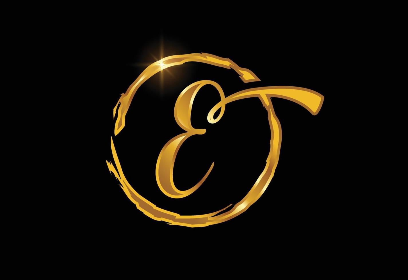 Golden color E hand-drawn letter in a brush circle on black background vector