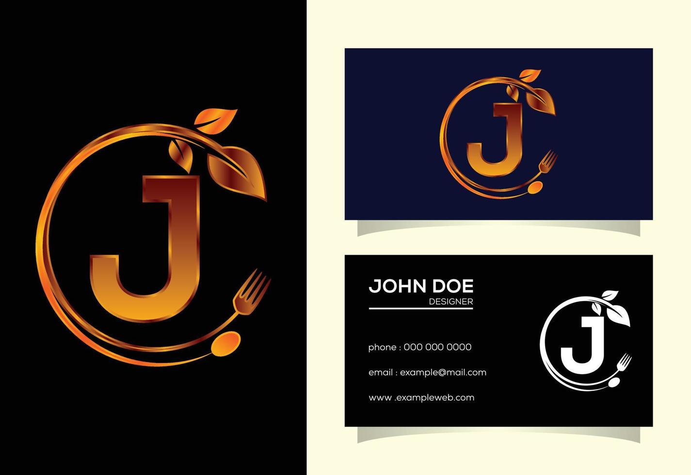 Initial J monogram alphabet with a fork, spoon, and leaf. Healthy natural food logo. Logo for cafe vector