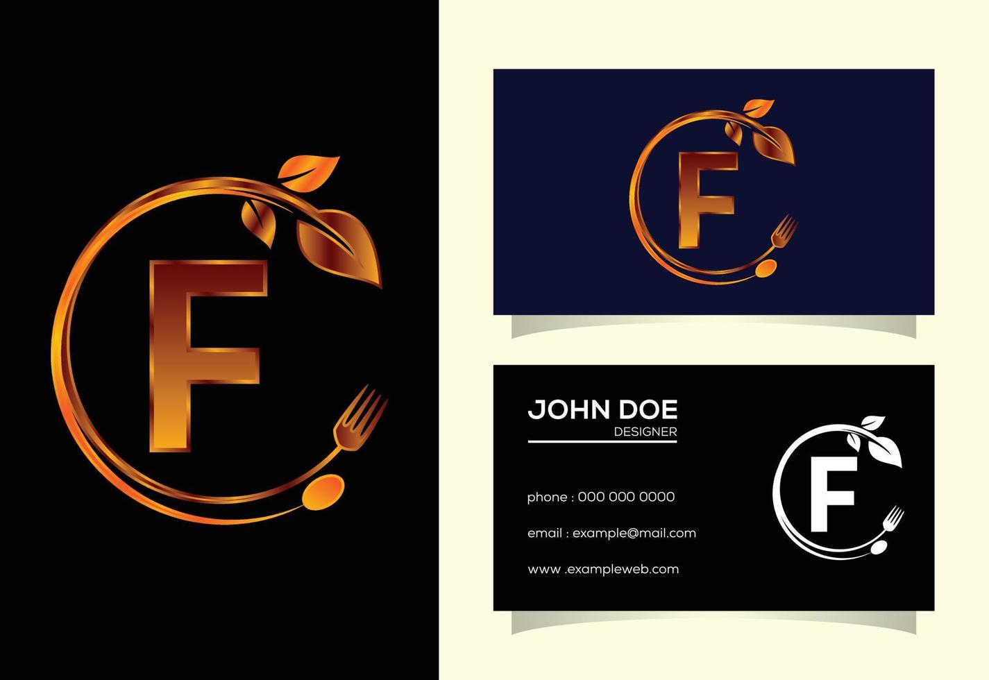 alfabeto de monograma f inicial con tenedor, cuchara y hoja. logotipo de alimentos naturales saludables. logotipo para café vector