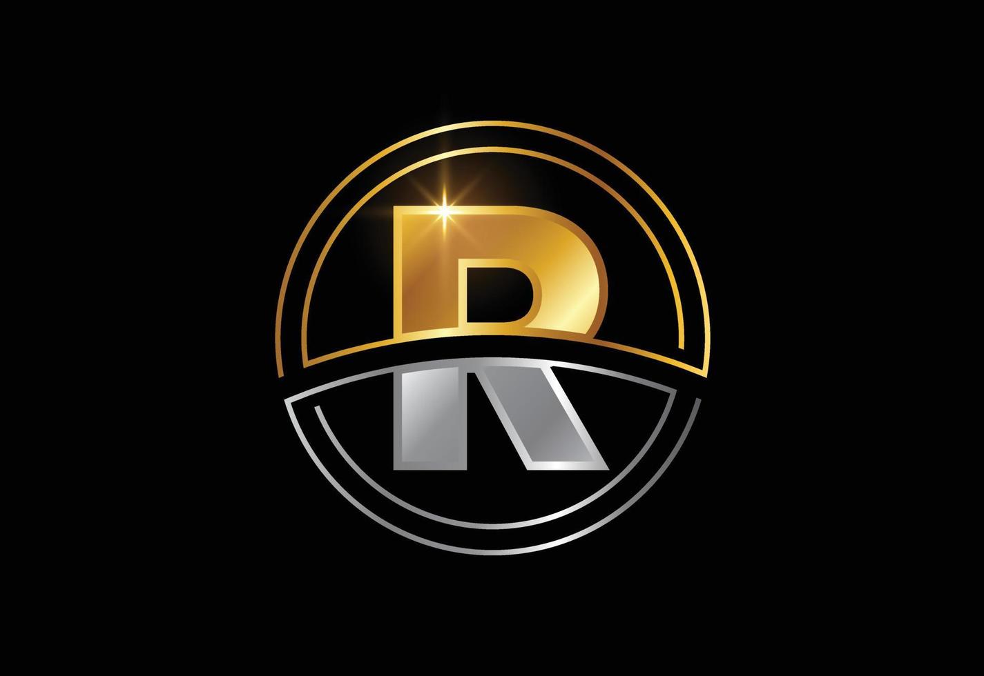Initial letter R with circle frame. Golden and silver color alphabet symbol for corporate business identity vector