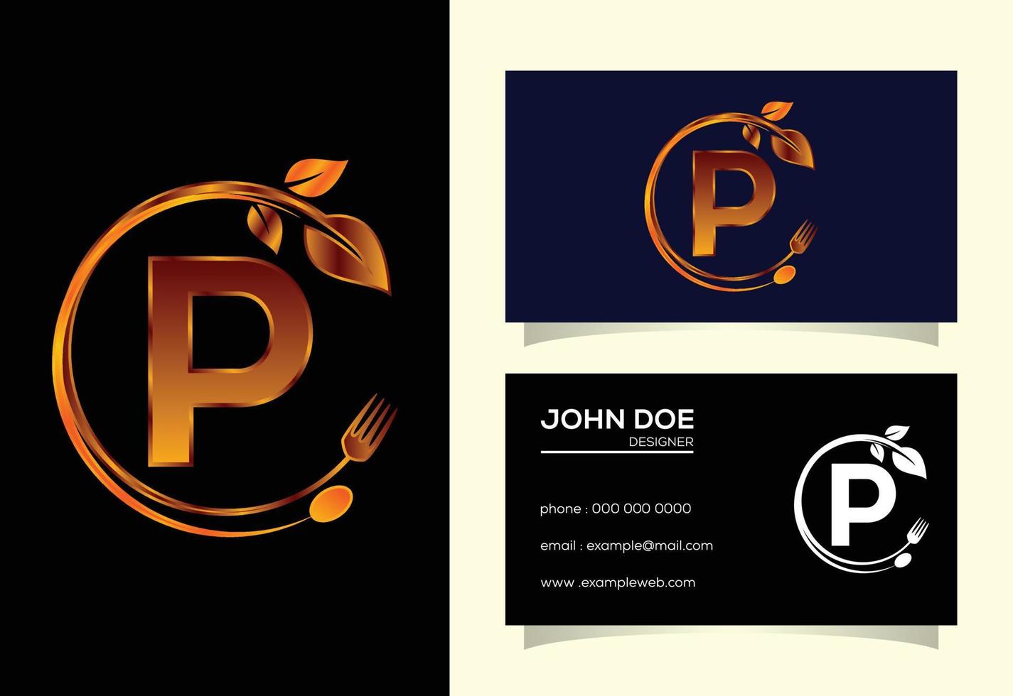 Initial P monogram alphabet with a fork, spoon, and leaf. Healthy natural food logo. Logo for cafe vector