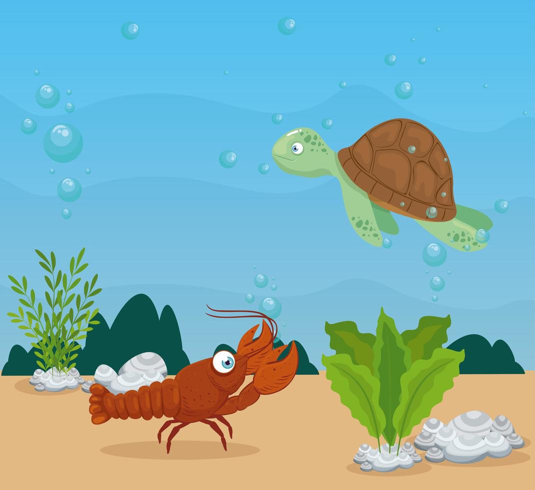 lobster with turtle and marine animals in ocean, seaworld dwellers, cute underwater creatures, undersea fauna vector