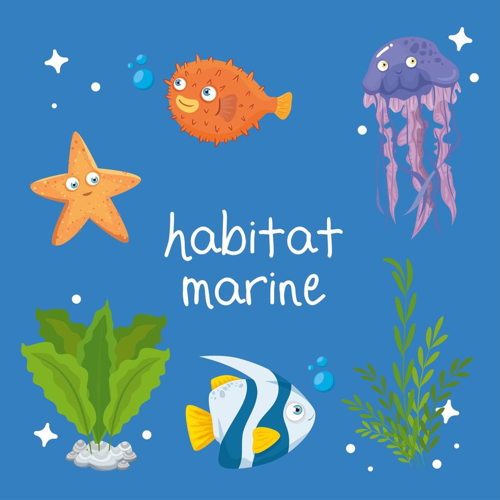 hábitat marino, animales en el océano, habitantes del mundo marino, lindas criaturas submarinas, fauna submarina vector