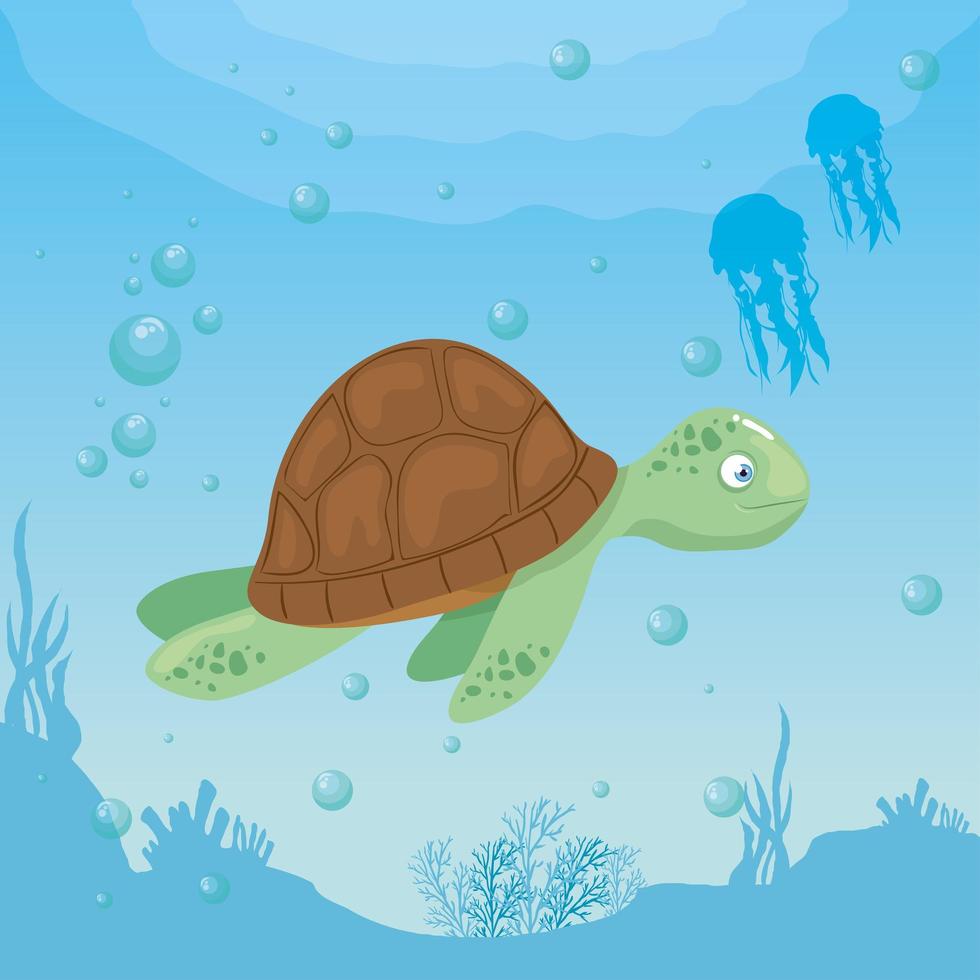 turtle and life marine in ocean, seaworld dwellers, cute underwater creatures, undersea fauna vector