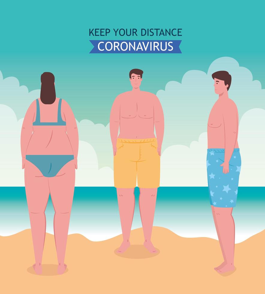 distanciamiento social en la playa, los jóvenes mantienen la distancia, nuevo concepto normal de playa de verano después del coronavirus o covid 19 vector