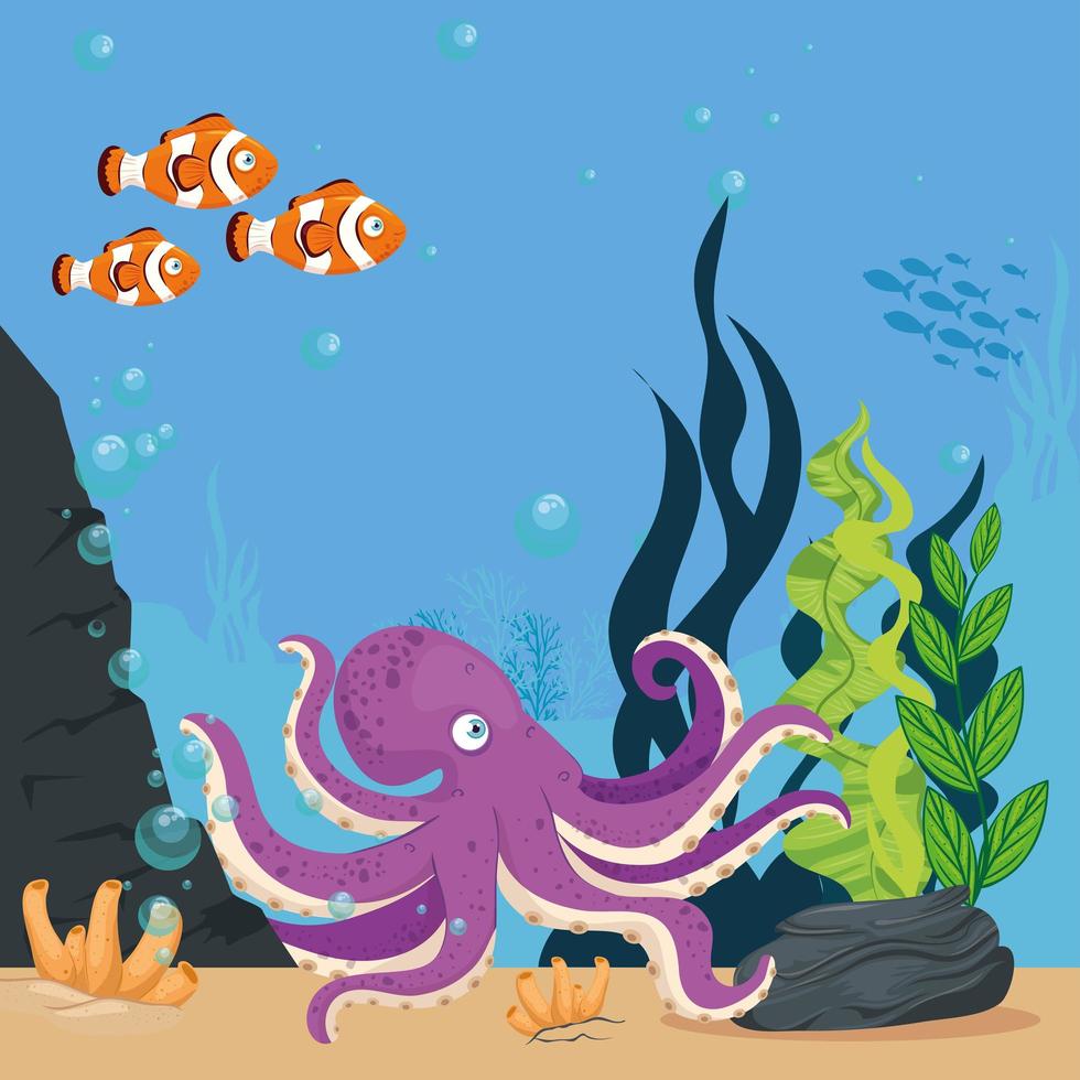 octopus and marine animals in ocean, seaworld dwellers, cute underwater creatures, undersea fauna vector