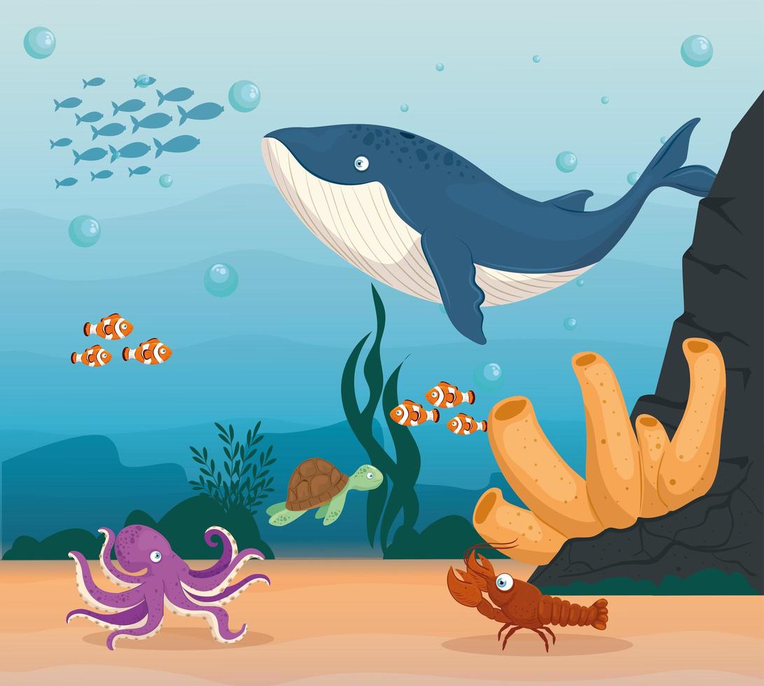 lobster and marine animals in ocean, seaworld dwellers, cute underwater creatures, undersea fauna vector