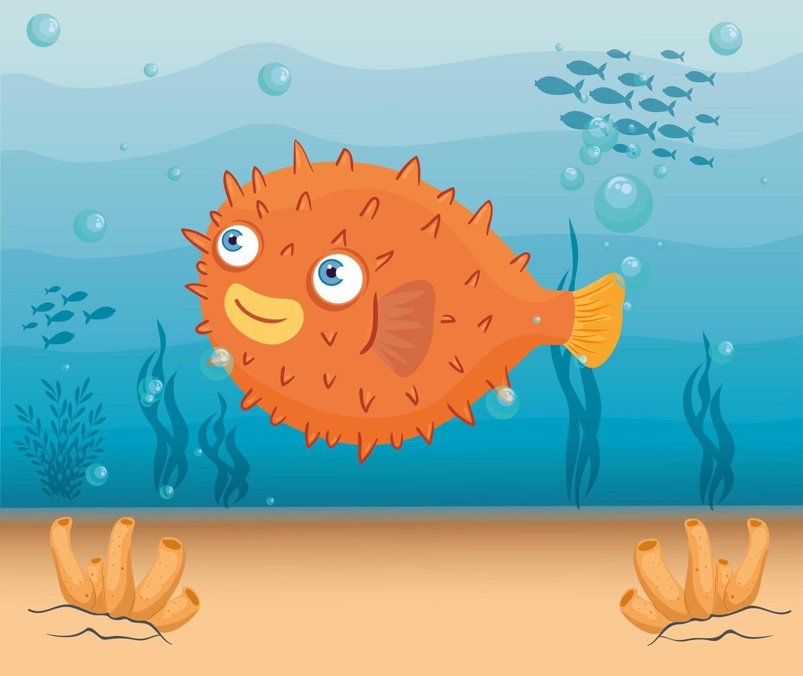 blowfish marine animal in ocean, seaworld dweller, cute underwater creature, undersea fauna vector