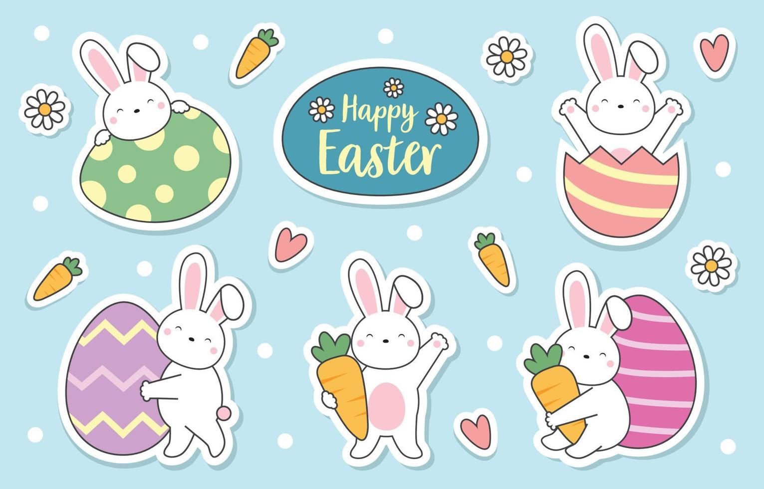 Rabbit Character on Happy Easter Sticker Set vector