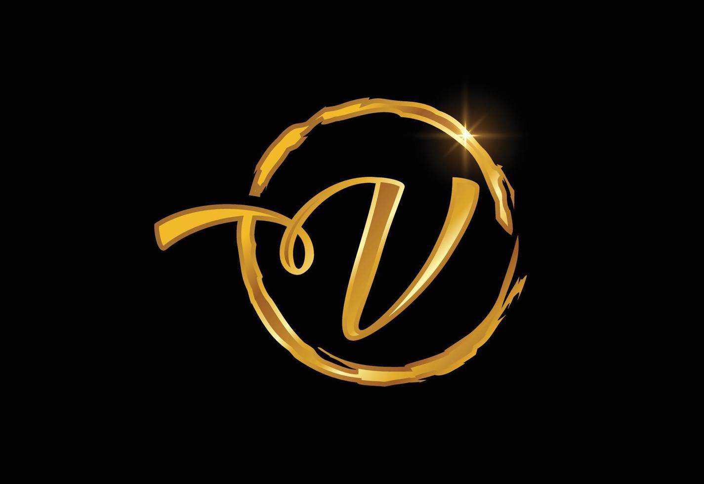 Golden color V hand-drawn letter in a brush circle on black background vector