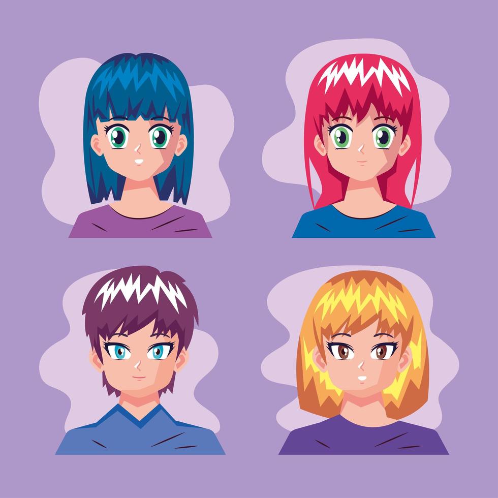 four anime characters vector