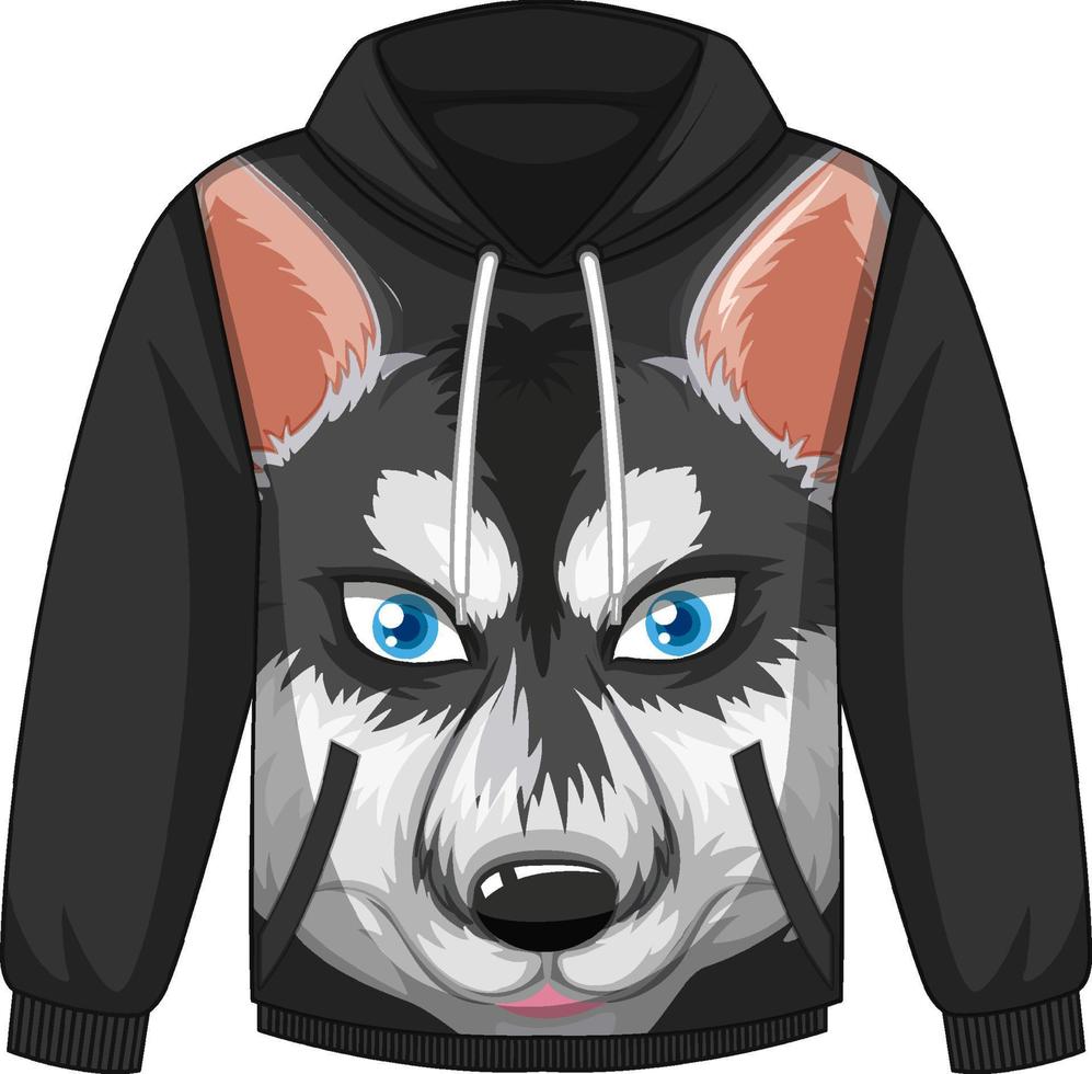 parte delantera del suéter con capucha con patrón de perro husky siberiano vector