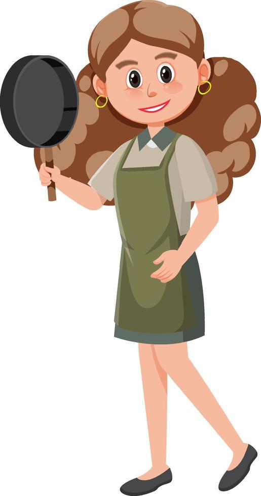 A woman holding a pan wearing apron cartoon character on white background vector