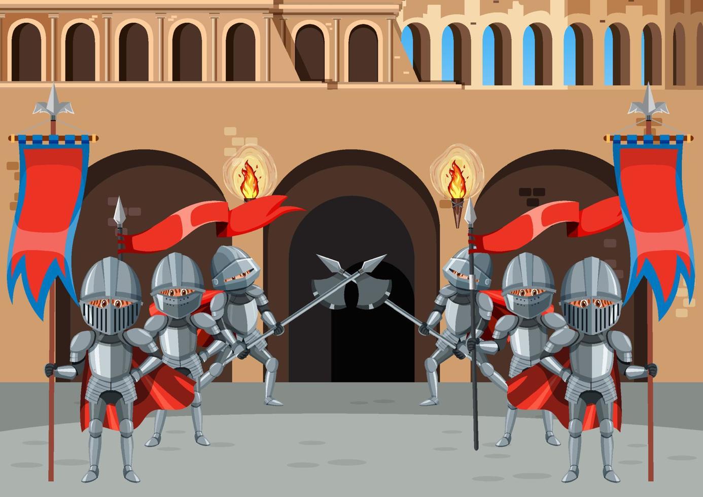 dos caballeros medievales luchando juntos vector