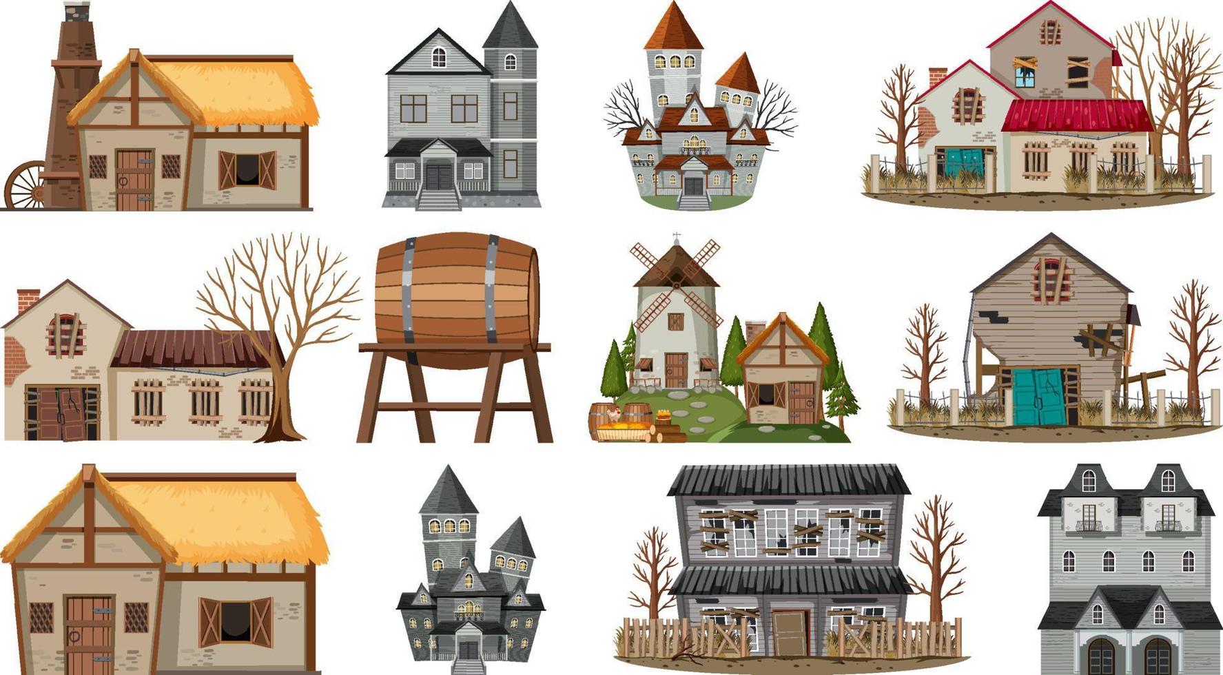 Set of abandoned houses and buildings vector