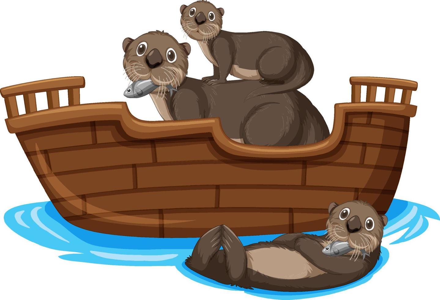 Otters on wooden boat in cartoon style vector