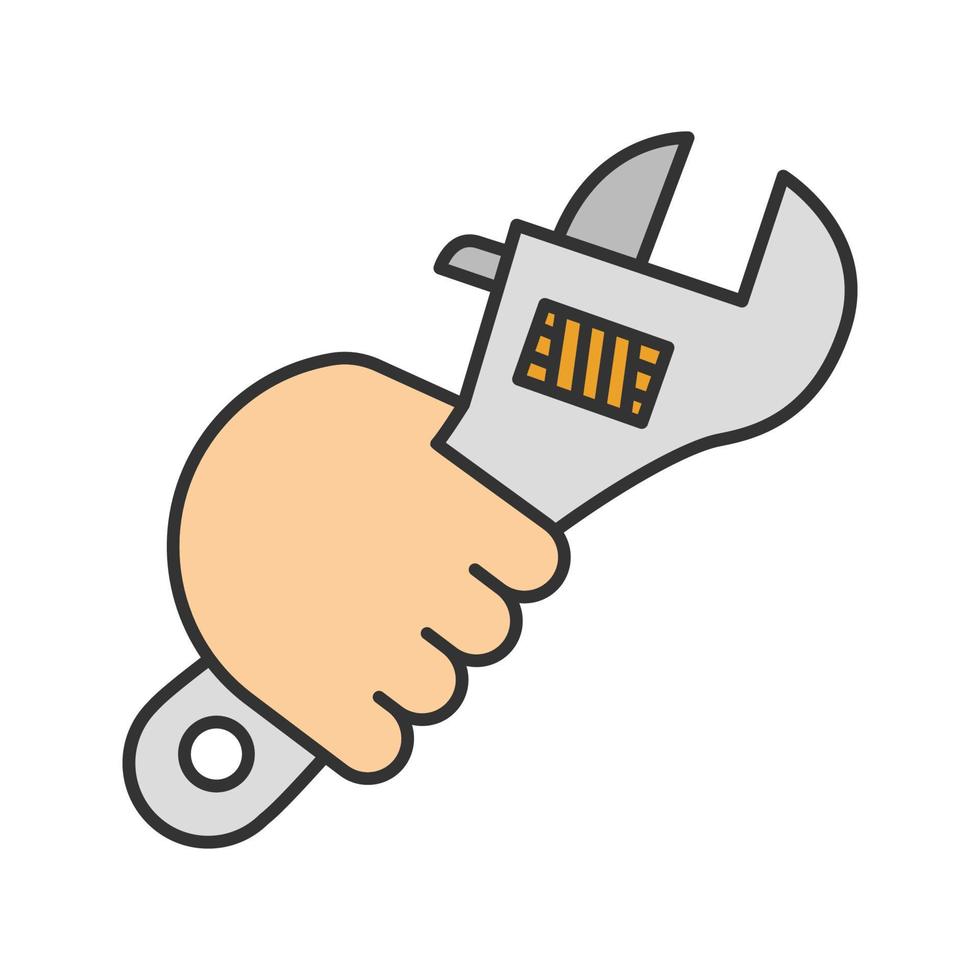 Hand holding wrench color icon. Combination spanner turning bolt. Isolated vector illustration