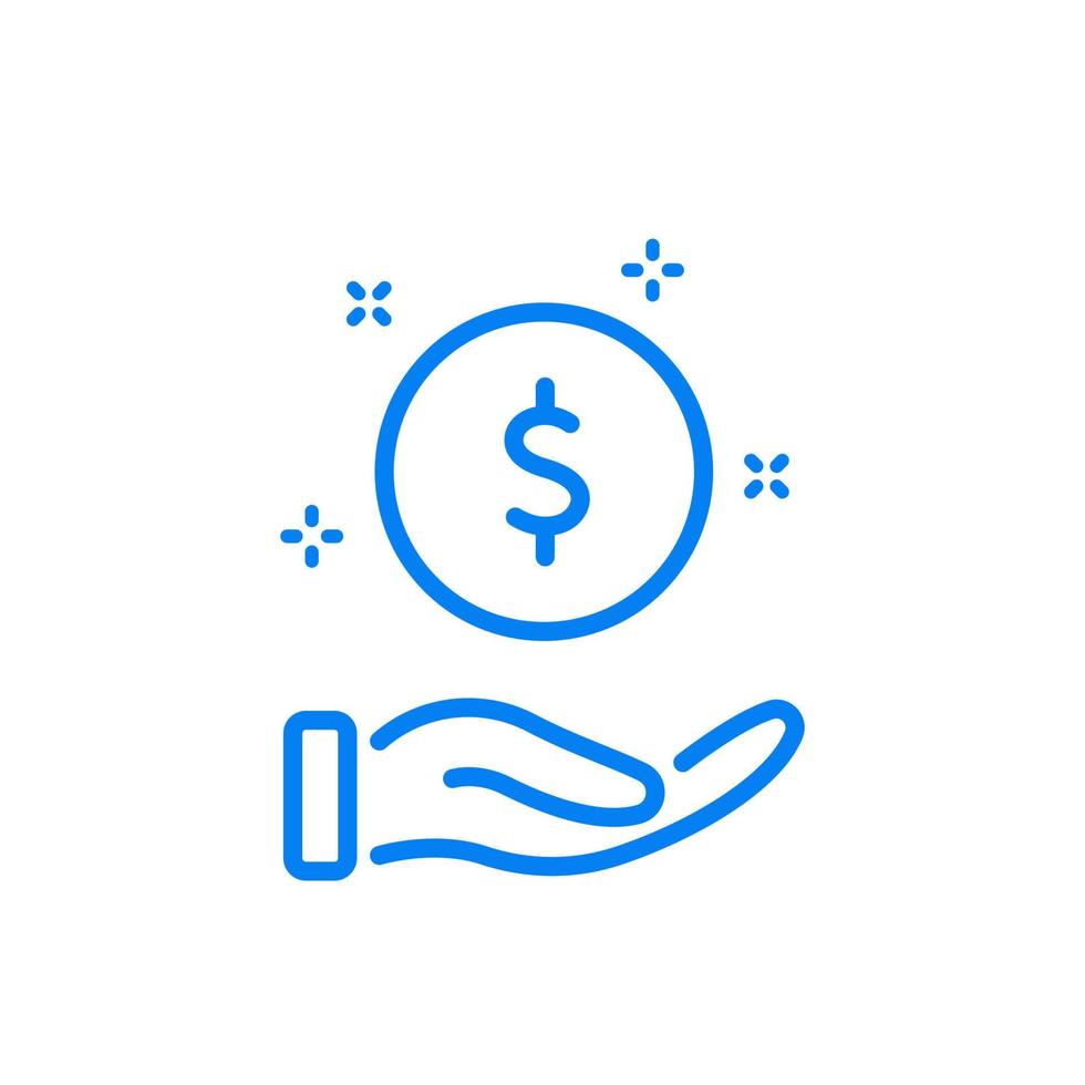 Charity, Donate, Give and Help concept. Pay, Save and Invest Money Line Icon. Hand with a Coin Line Icon. Give Alms Icon. Symbol Dollar. Vector illustration.