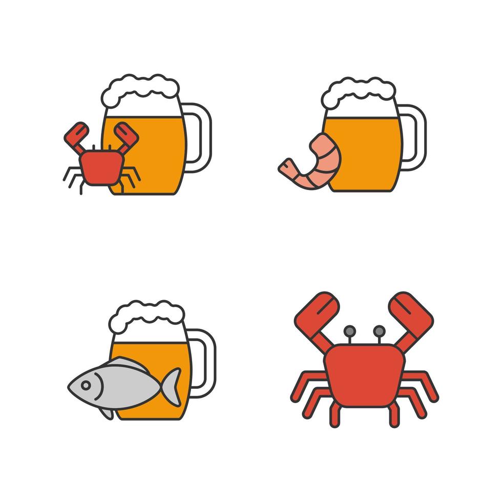 Beer seafood snacks color icons set. Ale with fish, shrimp, crab. Isolated vector illustrations