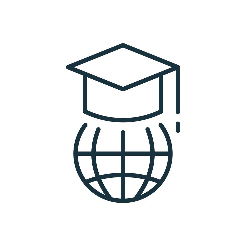 educación en el icono lineal del mundo global. gorra de graduación e icono de la línea de educación en línea. sombrero de graduación en la parte superior del globo. pictograma de gorra de estudiante. ilustración vectorial vector