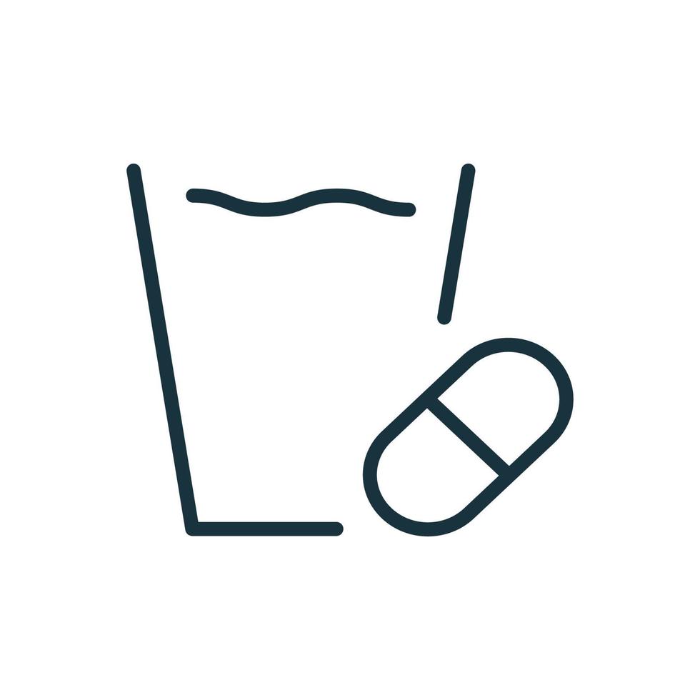 Glass of Water and Medical Pills Line Icon. Capsule of Painkiller or Vitamin Linear Pictogram. Medicine drug and Glass of Water Outline Icon. Isolated Vector Illustration