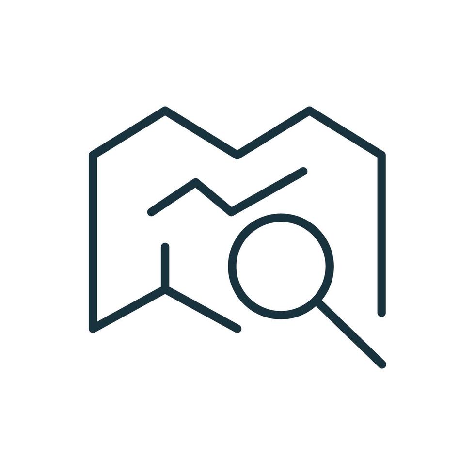Magnifier Glass Search Over Navigation Map Linear Icon. Road Search on Map. Magnifying Glass and GPS Navigation Search Line Icon. Finding Treasure Concept. Vector illustration.