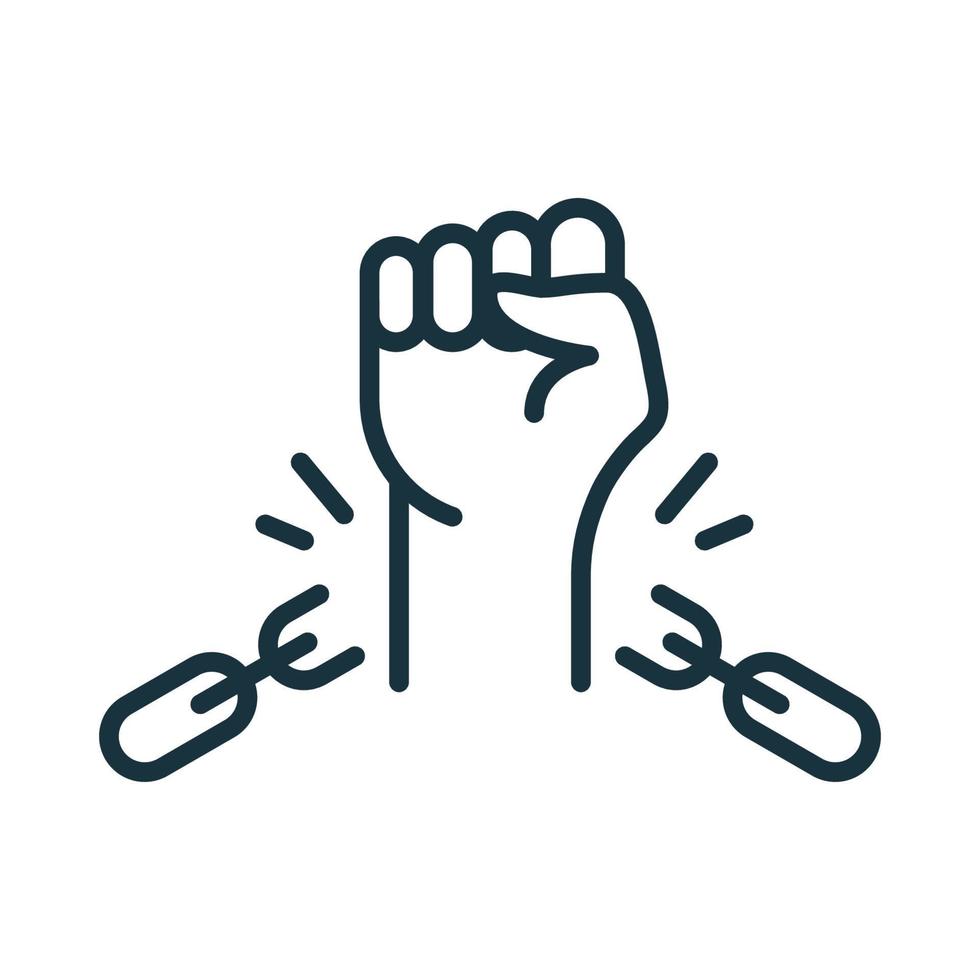 Freedom and Human Rights concept. Broken Shackles with Fist Raised Up Linear Icon. Chain of slavery Damaged. National Freedom Day Juneteenth. Vector illustration.