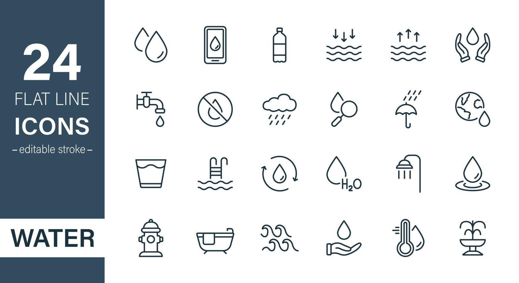 Water Line Icon Set. Drop Water Thin Linear Icon. Mineral Water, Low and High Tide, Shower, Plastic Bottle and Glass Outline Pictogram. Fire Hydrant and Fountain. Vector illustration