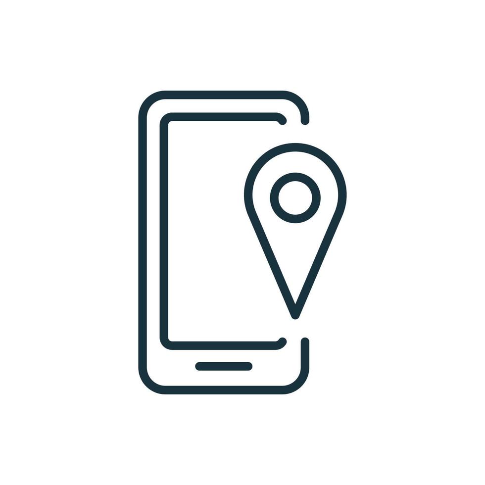 Mobile Navigation and Location Line Icon. Smartphone with GPS Marker. Mobile GPS Navigation and Tracking Pin on Screen Linear Icon. Location Track App on Device. Vector illustration.