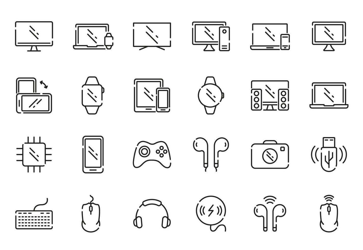 Set of Device Line Icon. Contain Laptop, Phone, Headphone, PC, Notebook, Digital Equipment. Wireless Smart Electronic Gadget Linear Icons. Device Pictogram. Vector Illustration.