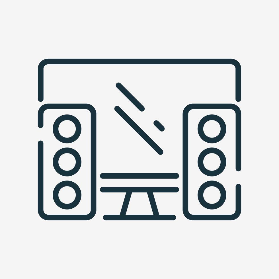 Computer Monitor and Loud Speaker Line Icon. Music System with PC Linear Pictogram. Audio and Sound Speaker Outline Icon. Isolated Vector Illustration.