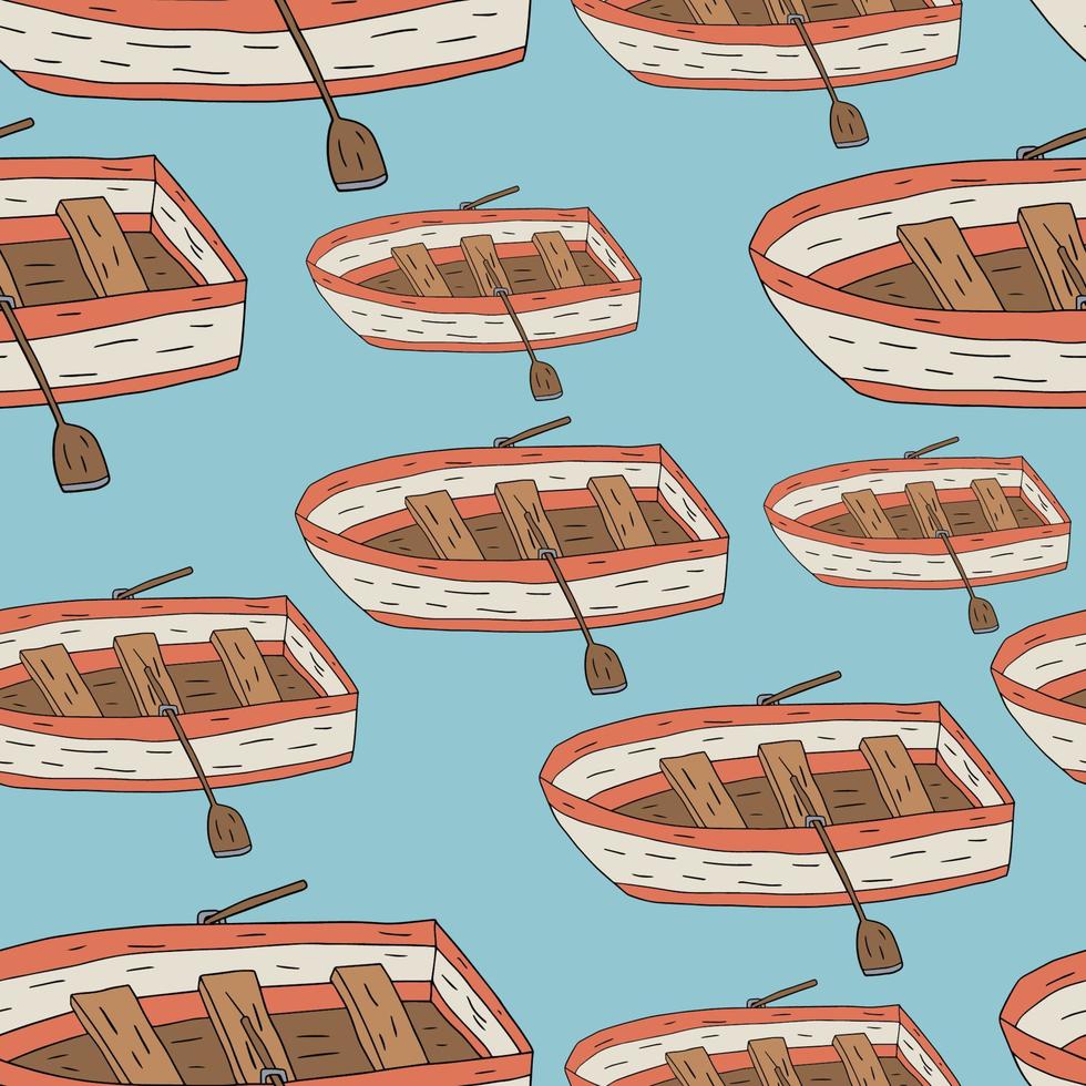 Cartoon doodle linear wooden boat with paddles seamless pattern, background. vector