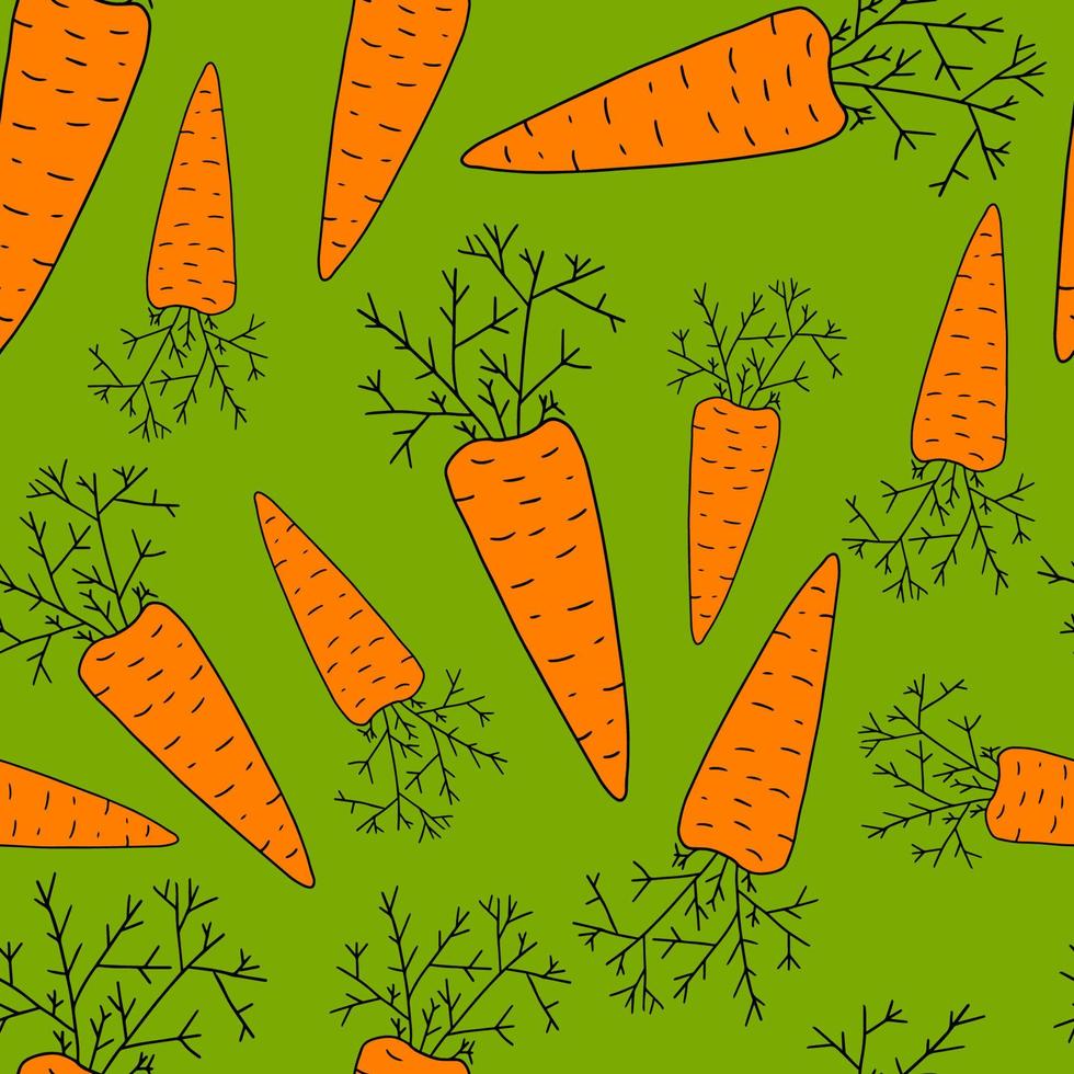 Cartoon doodle linear carrot with leaves seamless pattern. Vegetable background. vector