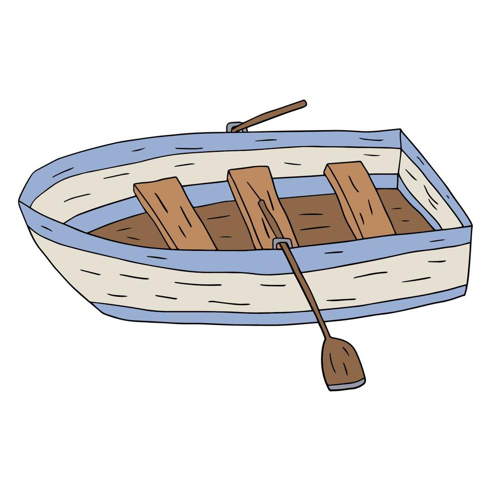 Cartoon doodle linear wooden boat with paddles isolated on white background. vector