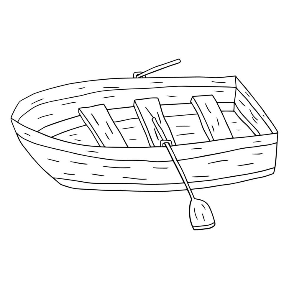 barco de madera lineal de fideos de dibujos animados con remos aislado sobre fondo blanco. vector