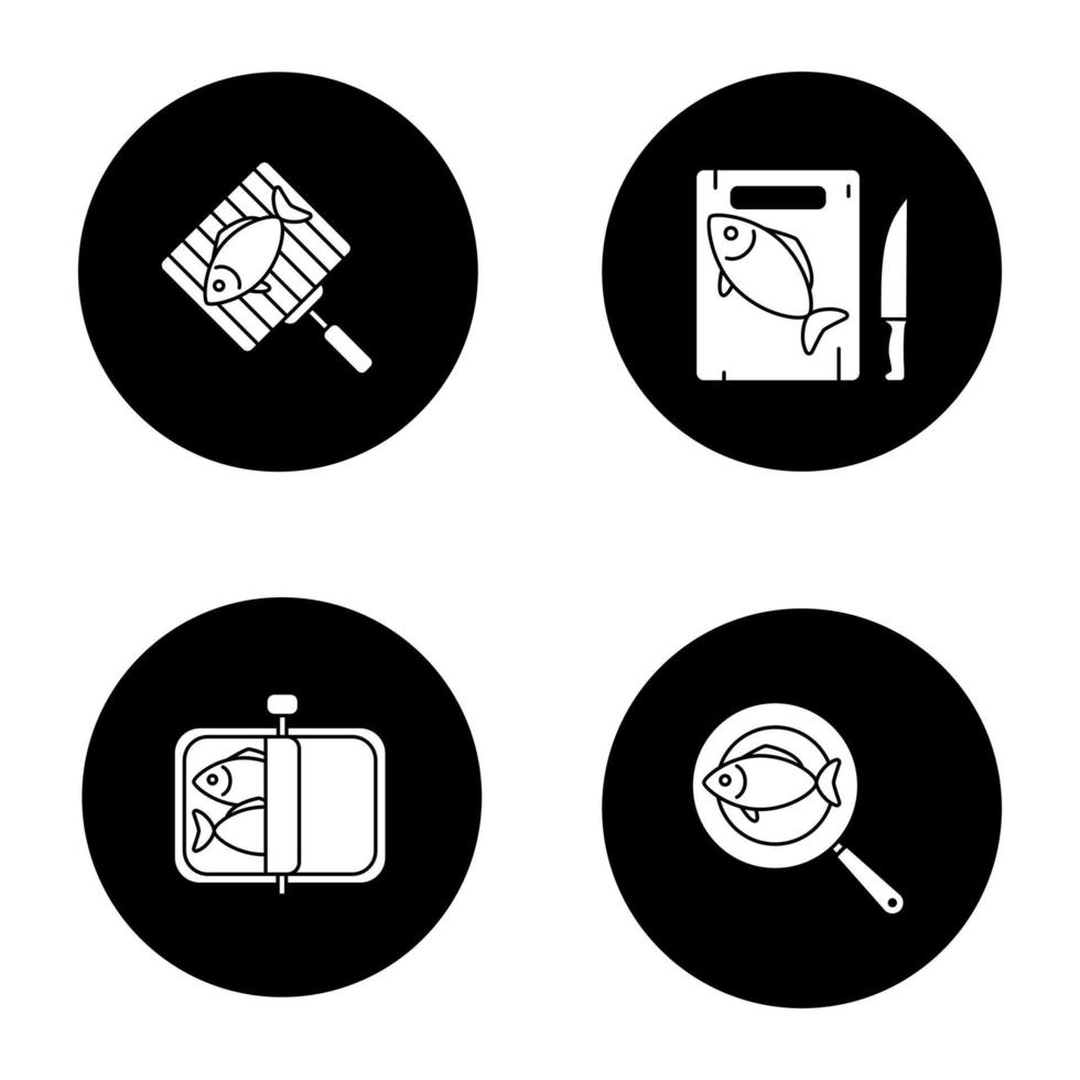 Fish preparation glyph icons set. Canned, fried, cutted and grilled fish. Vector white silhouettes illustrations in black circles