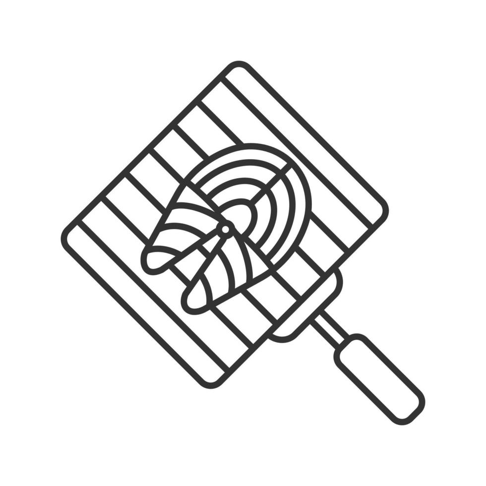 Hand grill with salmon fish linear icon. Barbecue grid. Thin line illustration. Grilling basket with fish steak. Contour symbol. Vector isolated drawing