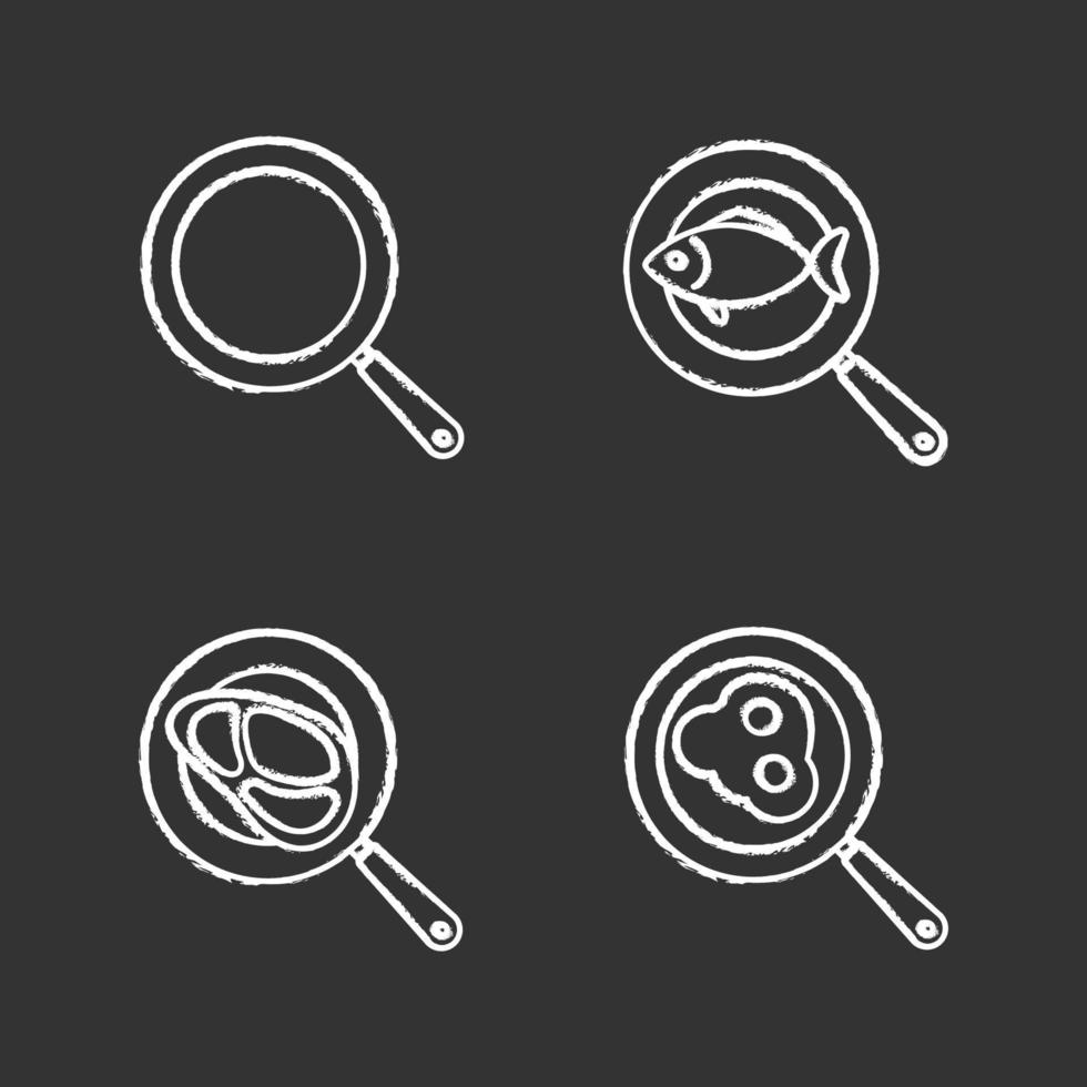 conjunto de iconos de tiza de sartenes. pescado frito, huevos y bistec de carne. Ilustraciones de vector pizarra
