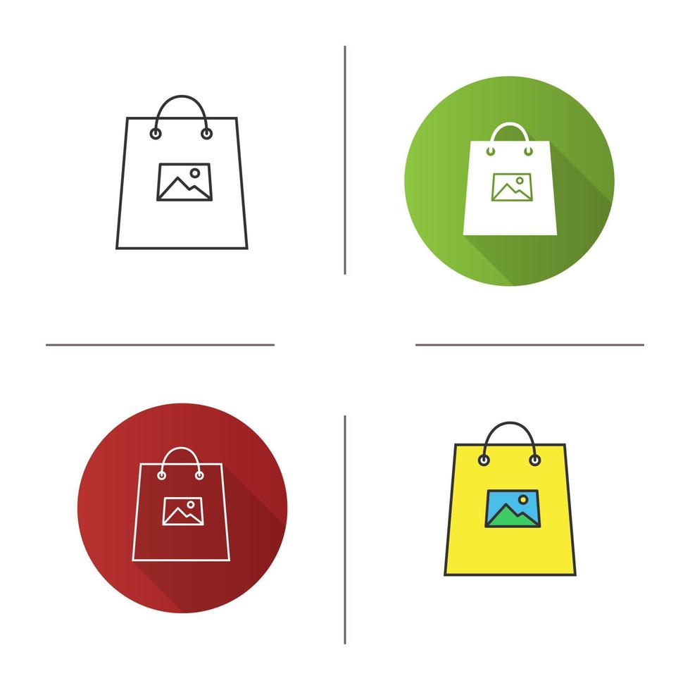 impresión en el icono de bolsas de compras. Diseño plano, estilos lineales y de color. ilustraciones de vectores aislados