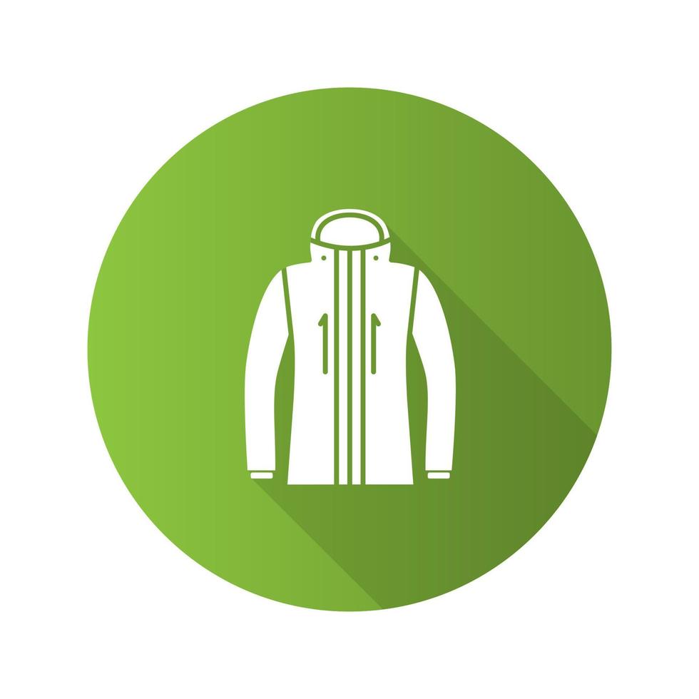 icono de glifo de sombra larga de diseño plano de chaqueta de esquí. ropa de abrigo de invierno. ilustración de silueta vectorial vector