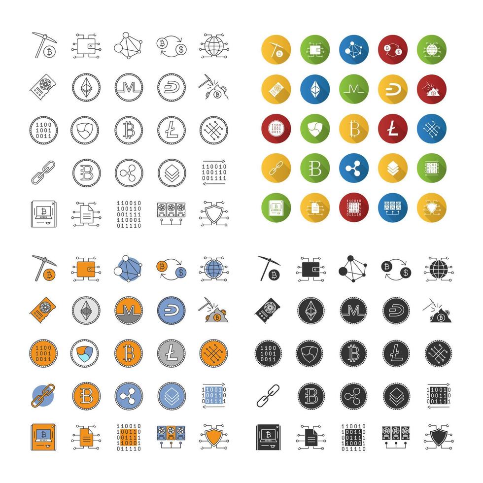 Cryptocurrency icons set. Mining business. E-currency. Linear, flat design, color and glyph styles. Isolated vector illustrations