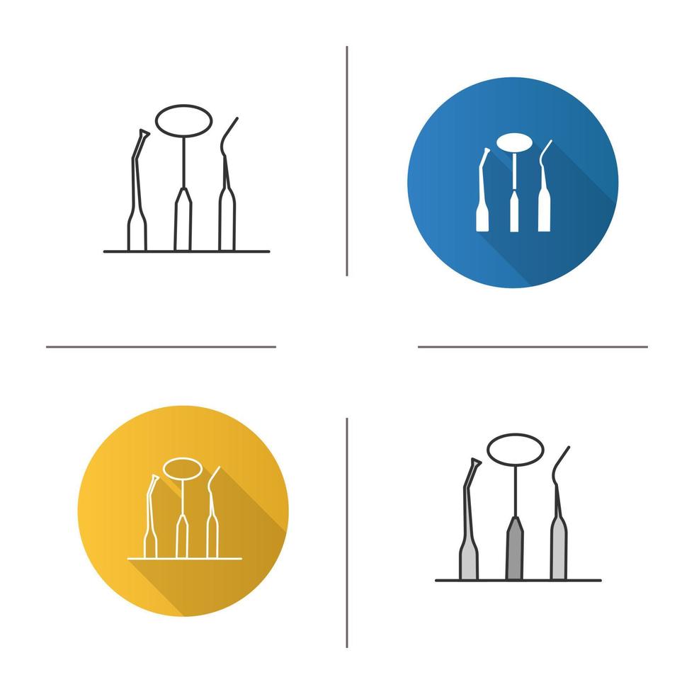 Dental instruments icon. Mouth mirror, dental probe and dentist's excavator. Flat design, linear and color styles. Isolated vector illustrations